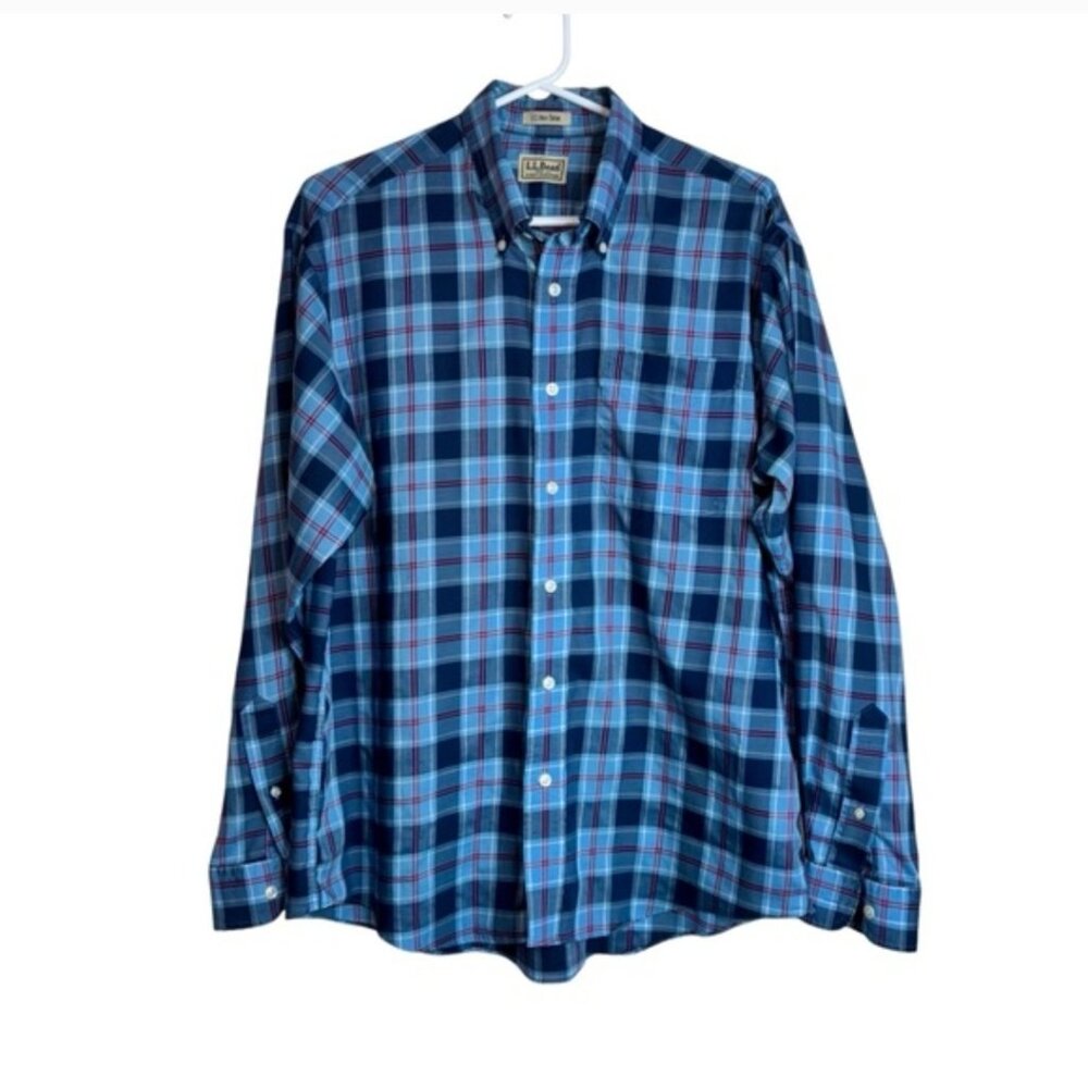 L.L. Bean Men's Blue Plaid Shirt US navy Tartan L-XL Button Up